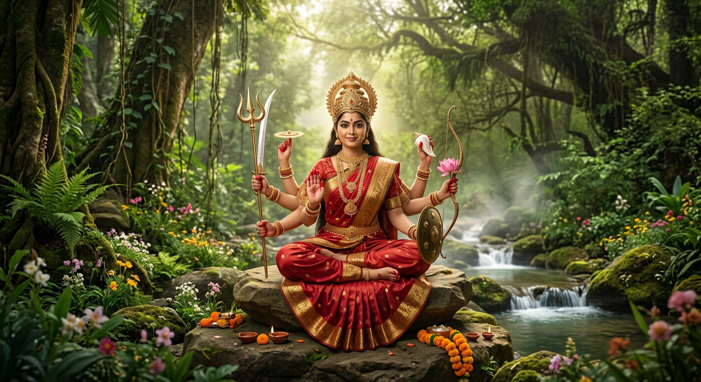 A goddess with eight arms seated cross-legged on a stone in a lush forest by a stream, holding weapons and a lotus flower.